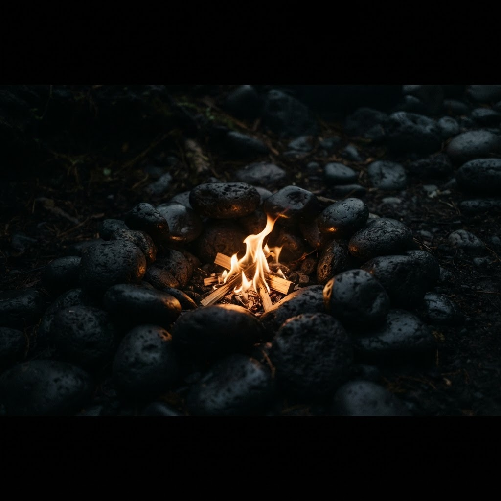 A small controlled fire glowing among black stones in darkness