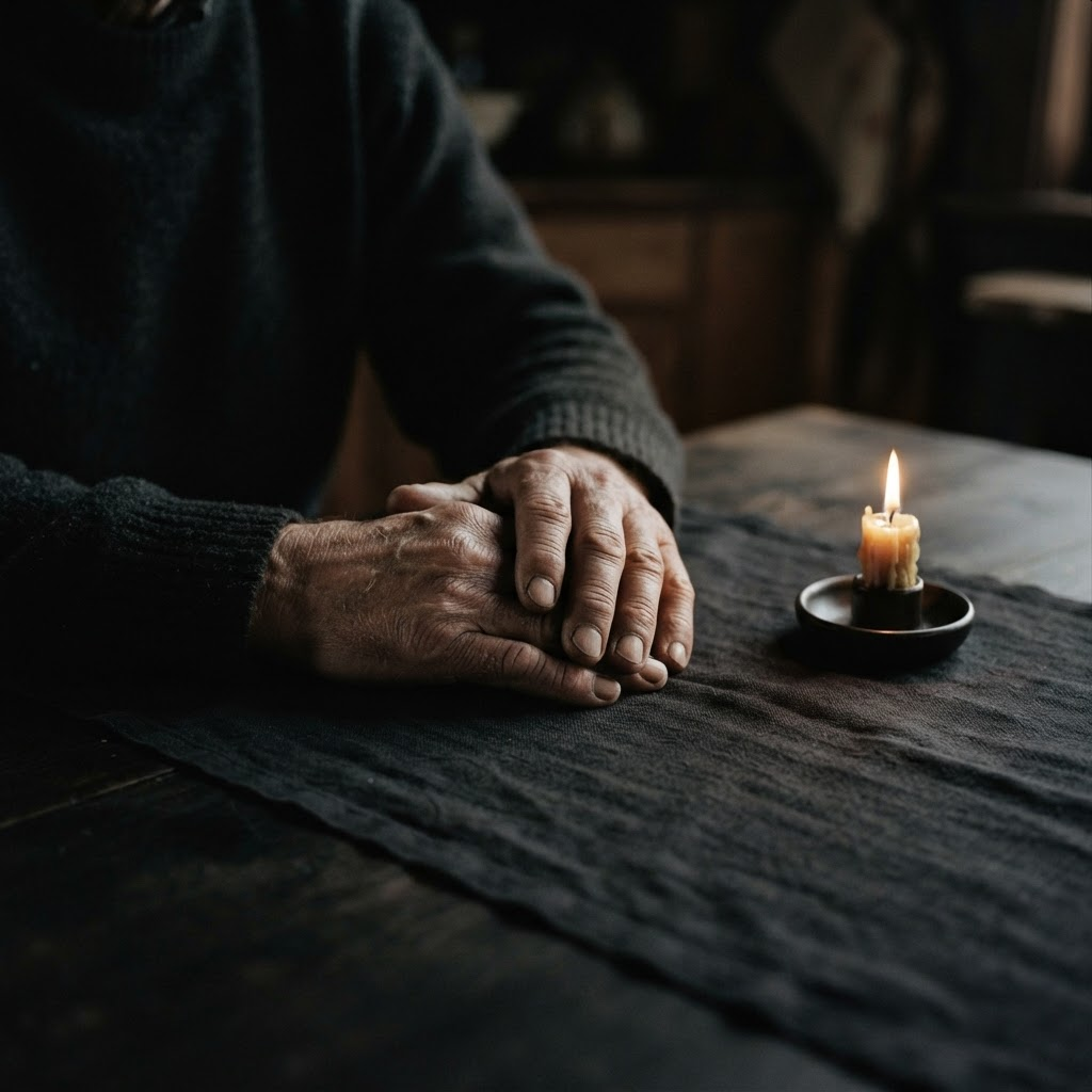 A man's weathered hands resting calmly beside a small warm candle