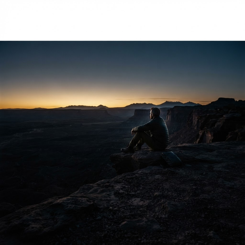 A lone man seated in stillness on a dark ridge before sunrise